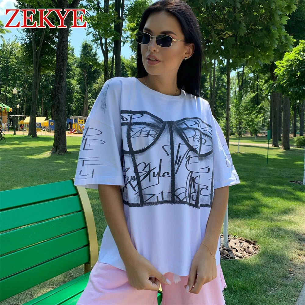 Zekye Printed Streetwear Vintage Tshirts Top Harajuku O Neck Chic Summer Basic Loose T-shirt Cloth Women Casual 90S Aesthetic