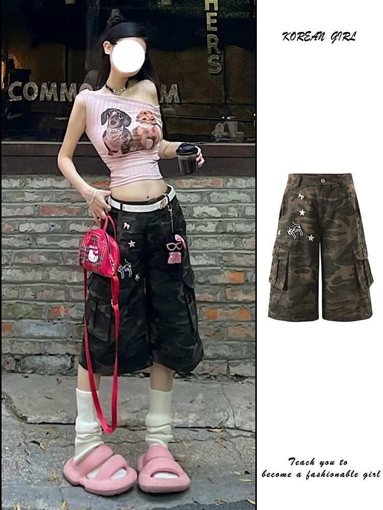 

American Retro Camouflage Workwear Seven-Foot Women's Jeans Summer Pocket Wide Leg Eight-Foot Middle Pants Straight Treet Sho...
