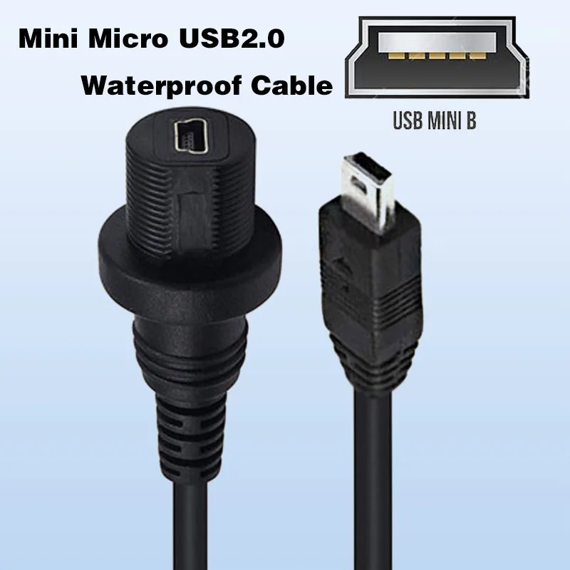 USB Mini Micro USB 2.0 Waterproof Cable One Revolution Two Mother Car Waterproof Cable Motorcycle Ship Instrument Cable 1m