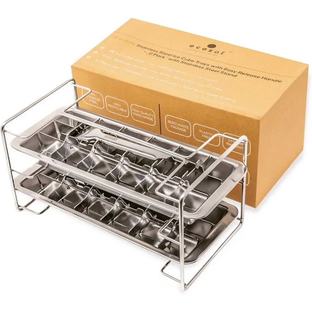 

Stainless Steel Metal Ice Cube Trays With Easy Release Handle - 2 Pack With Stand | 36 Ice Cube Slots | Removable Slots