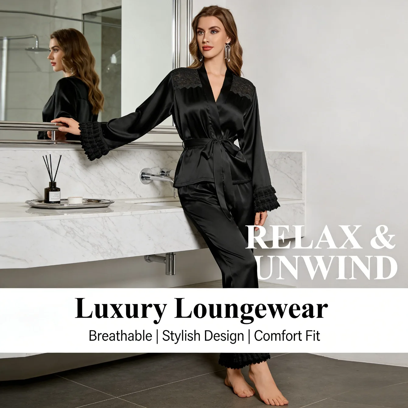 

Spring & Autumn Lace Pajama Set Lace Cuff Design Long Sleeve & Pants Skin-friendly and Breathable Multiple Sizes