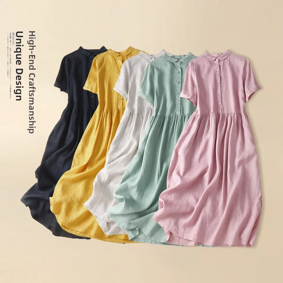 Falda larga con cuello de muñeca juvenil para mujer, irt Dr ort Sve, Material de lino, corte de etiqueta, sistema forestal