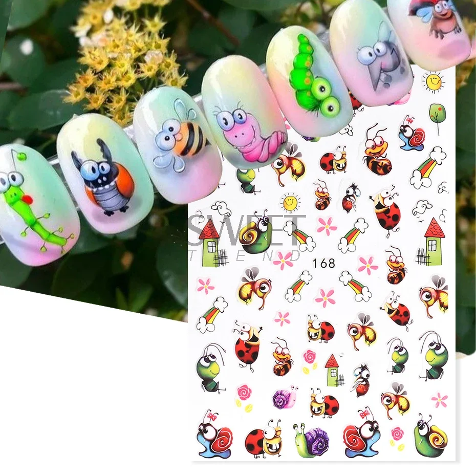 Cartoon Ant Nail Manicure Sticker Cute Ladybug Succulent Plant Bee Adhesive Sliders Rainbow Candy Summer Kawaii Decoration Foils