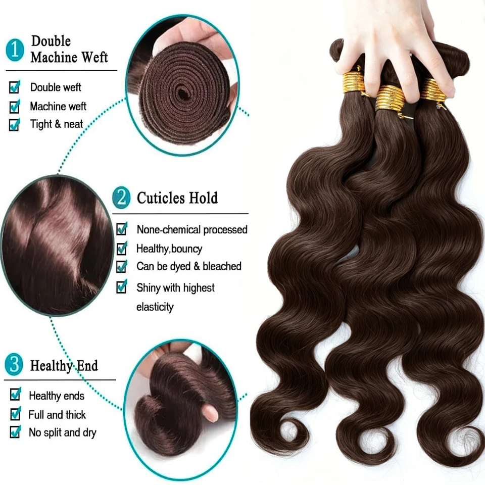 Paquetes de cabello castaño oscuro color #4, cuerpo ondulado, cabello humano brasileño, doble weft, para coser 2