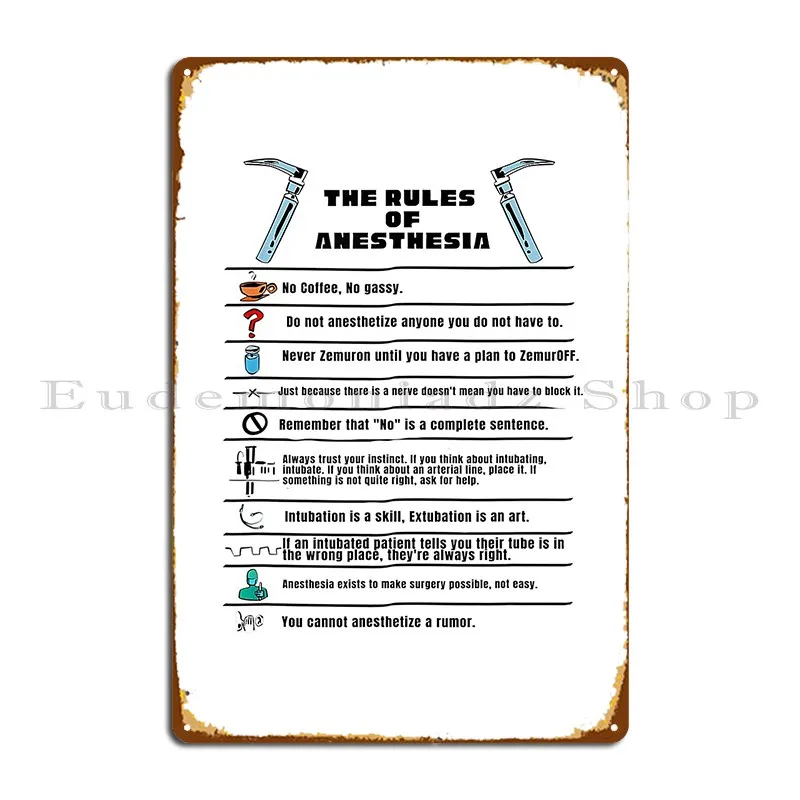 the rules of anesthesia Metal Sign Retro Funny Garage Print Club Tin Sign Poster