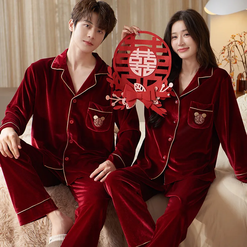 

Solid Color Sleepwear Velour Pajamas Couple Red Wedding Set Long Button-Down Pyjamas Suit Pijama Women Men Loungewear