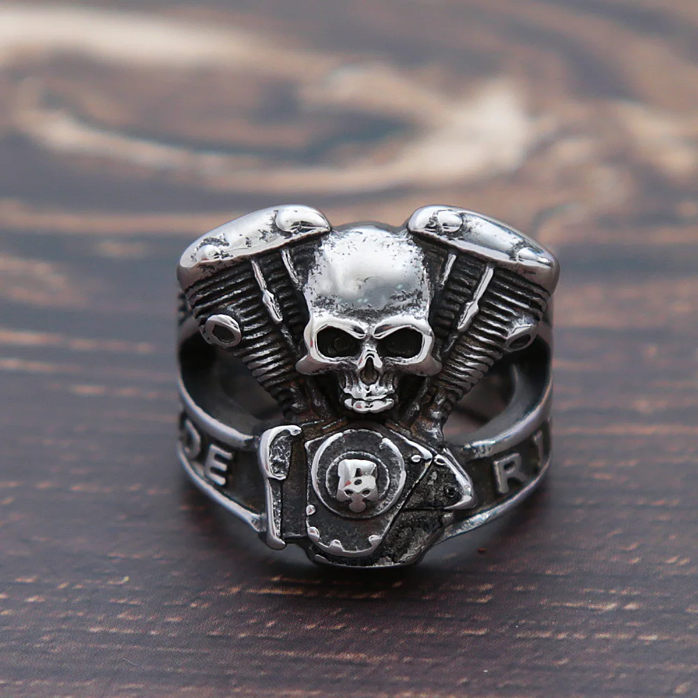 Steampunk Motorcycle Engine Skull Ring For Men Fashion Hip Hop 316L Stainless Steel Biker Ring Fashion Jewelry Gift Wholesale