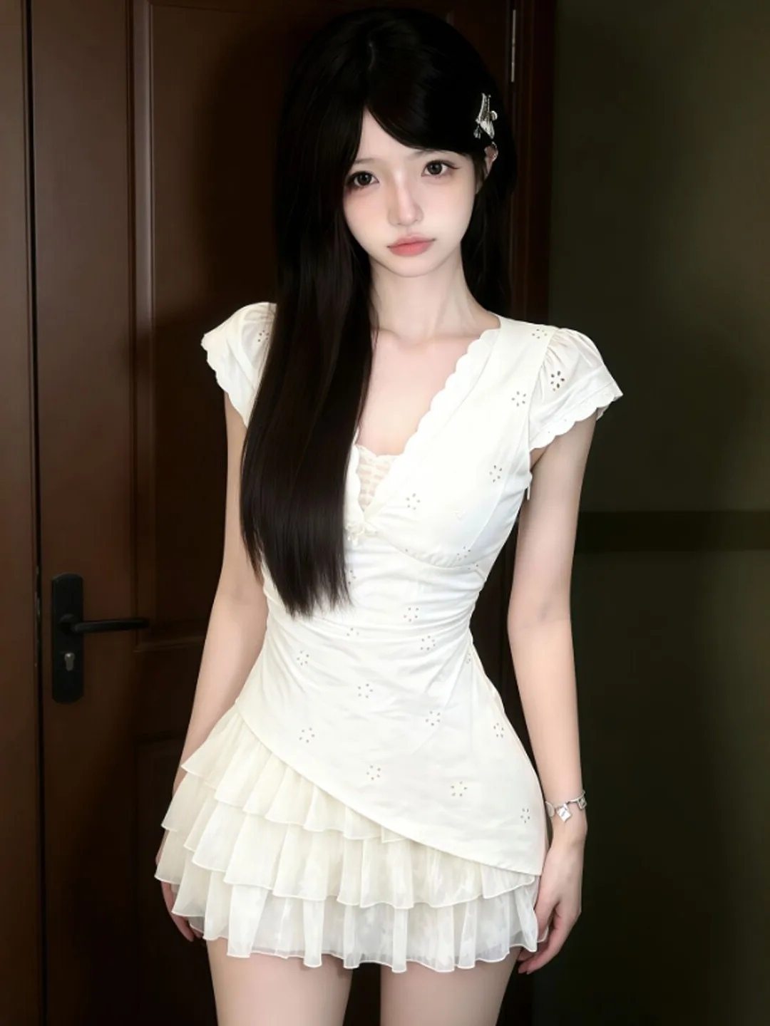 

Unique Korean Style V-Neck Waist-Cinched Cake Short Skirt Beautiful White Dress Slimming Summer Fashionable Women's Dress