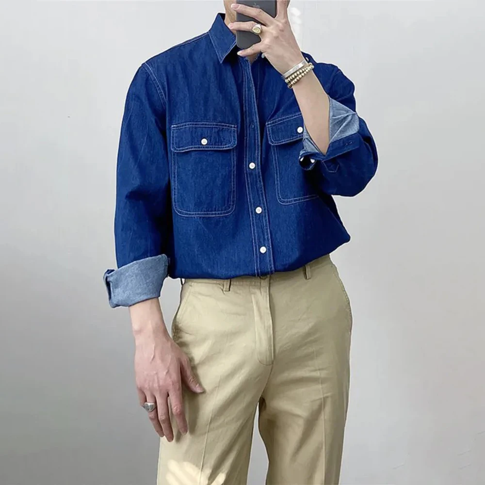 

Mens Denim Shirt Moisture Wicking Breathable Fashion Casual Work Clothes Shirt Autumn Casual Retro Simple Loose Tops Men'S Wear