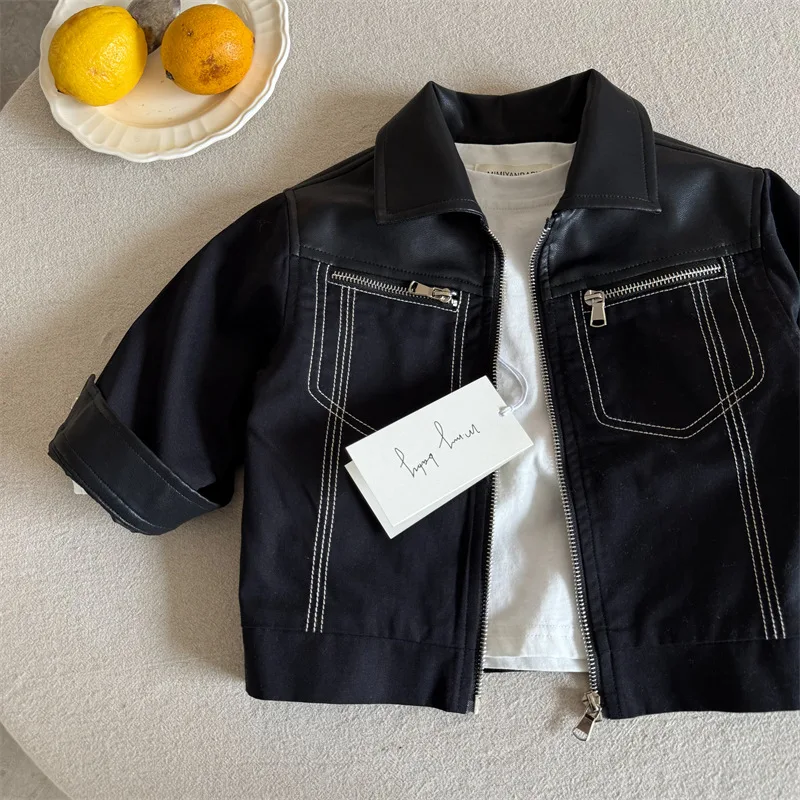 Children's coat 2025 spring new boys and girls leather zipper jacket baby simple jacket tide