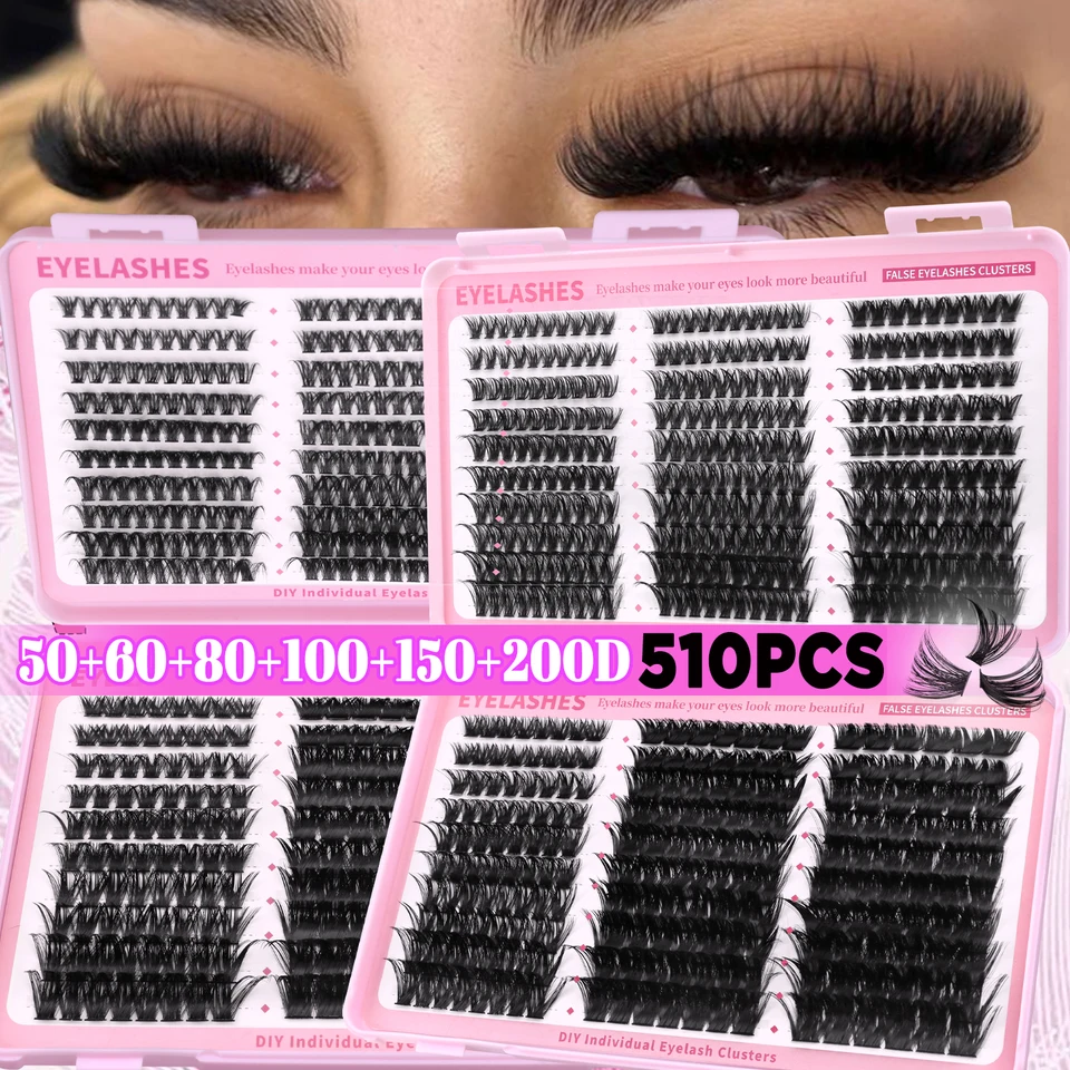 GROINNEYA clusters esponjosos 510 pcs, D curl, 6 estilos 8-16mm, individuales finas, suaves, extensiones