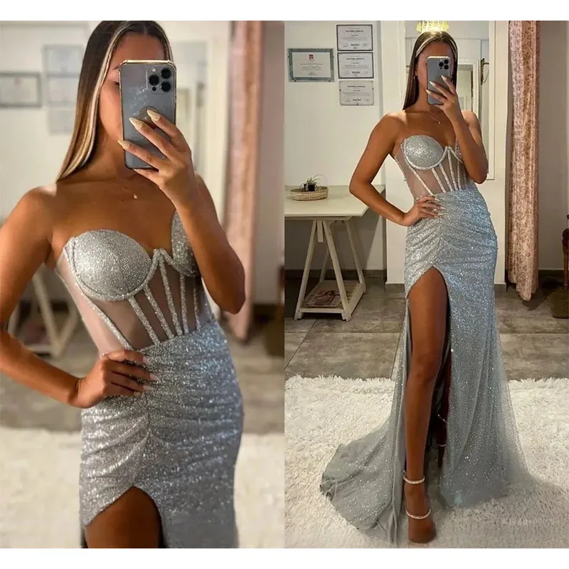 Sexy Zilveren Pailletten Avondjurk Strapless Bot Lijfje Split Glitter Zeemeermin Mouwloze Vloer-Lengte Formele Feest Prom Jurken