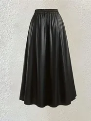 Plus Size 1XL-5XL Women's Fashion Street Style Skirt Ladies Solid PU Leather Elastic High Rise Maxi Skirt with Pockets