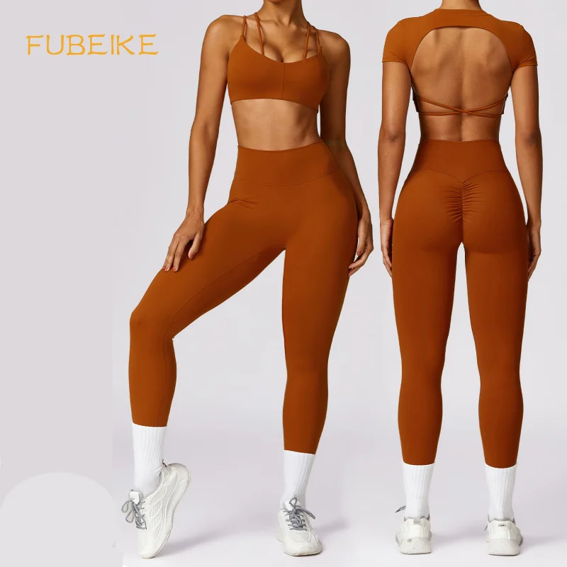 

FUBEIKE 2 Pcs Seamless Yoga Suit Sports Bra Woman Women's Sports T-shirt High Waist Leggings Set Running Fitness Gym Clothing