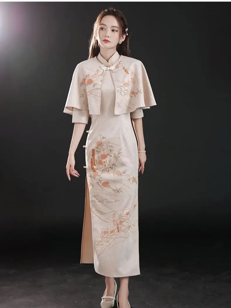 Elegant Slim Qipao +Shawl Two-piece Chinese Dress Women Hanfu Traditional Robe Orientale Female Vestido Chino Autumn Cheongsams