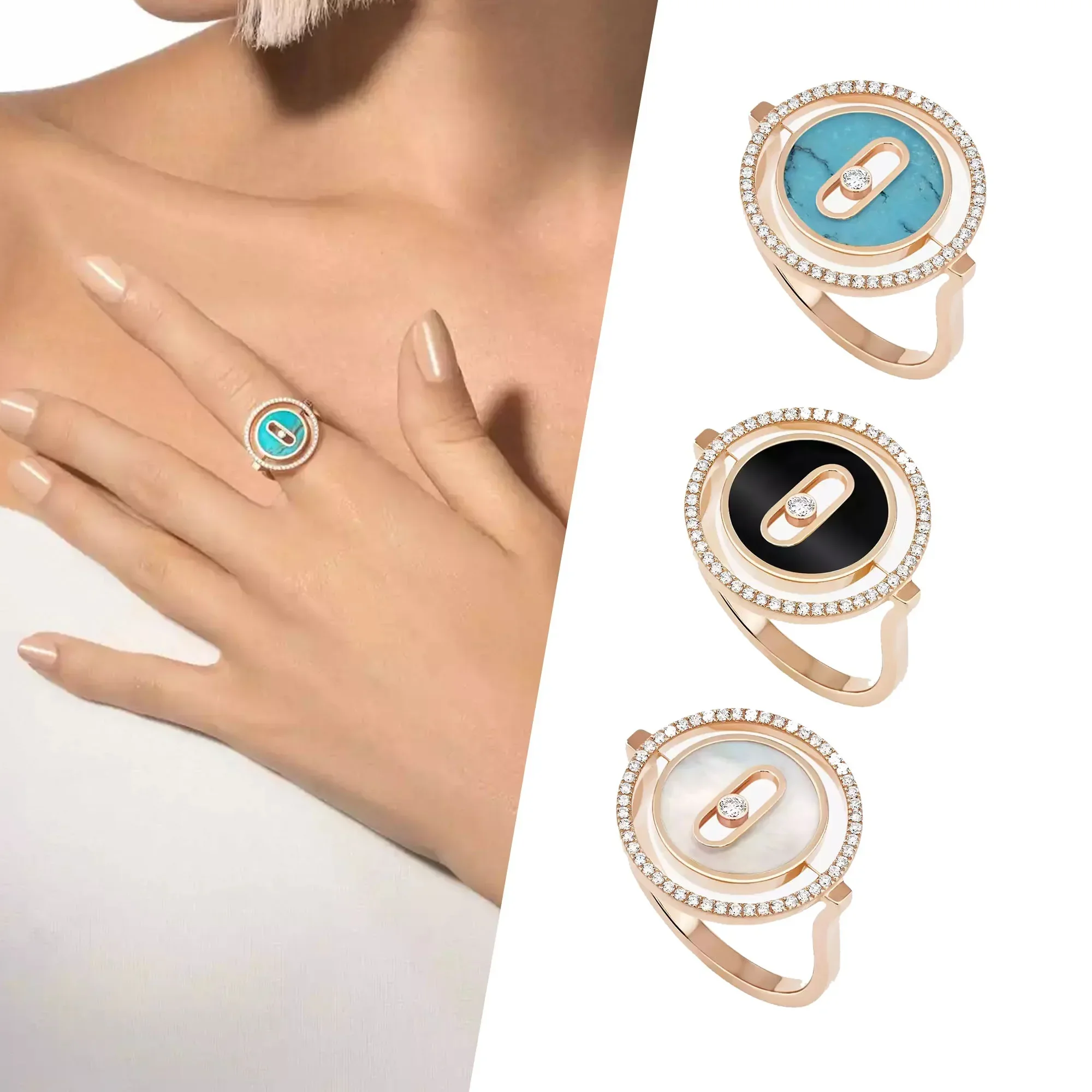 

2025 S925 Pure Silver New LUCKY MOVE Series 18k Rose Gold Luxury Fashion Peacock Turquoise Mother Shell Diamond Women's Ring