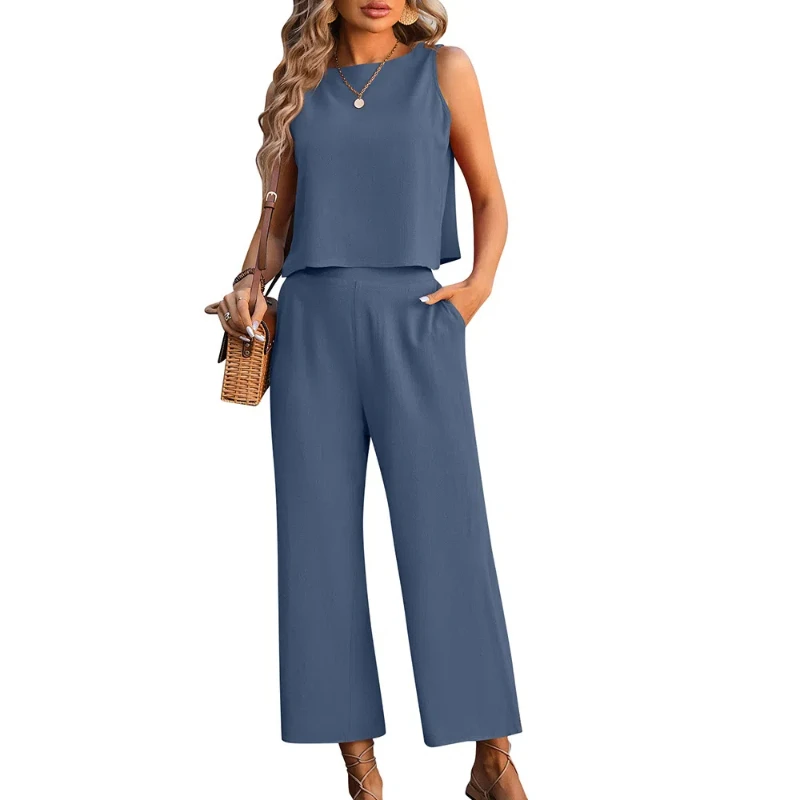 Summer New Women\'s Sleeveless Vest Wide Leg Pants Casual Two-piece Set