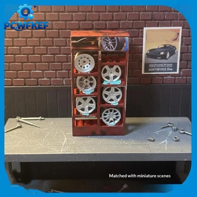 1/64 Scale Model Wheel Rim Rack Mini Repair Shop Scene Display Stand With 6 Random Wheels Dollhouse Garage Diorama Accessory