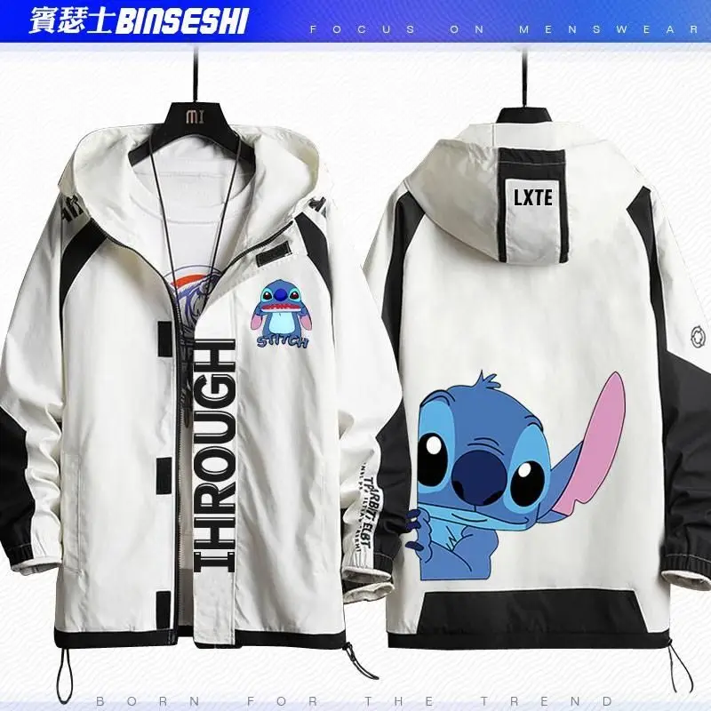 Anime Stitch Couple Coat Kawaii Stitch Fashion Cartoon Print Jacket Windproof Loose Hooded Top Autumn and Winter Warm Overcoat