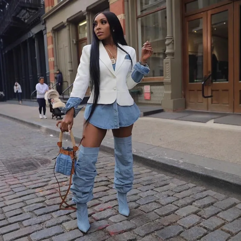 2025 New European and American Autumn Fashion Splicing Casual Denim Blazer For Women