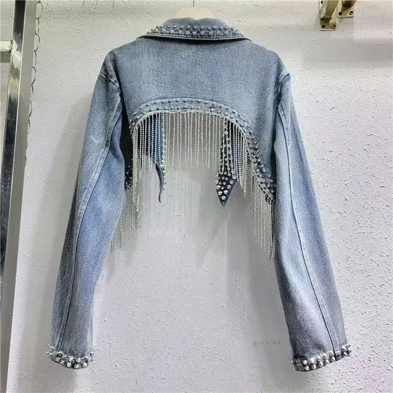 Spring-Summer New Willow Studs Diamond-Studded Tassel Denim Shawl Jacket for Women Y2K Cropped Top Blue Black Denim Jacket Trend - Detail 1