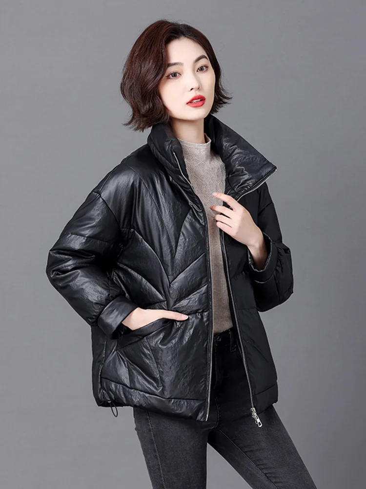 New Women Winter Leather Down Jacket Fashion Stand Collar Loose Sheepskin Down Coat Casual Warm Thick Outerwear Split Leather