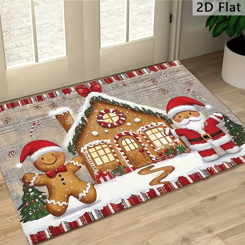 VIKAMA Christmas Gingerbread House Floor Mat Entrance Non Slip Water Absorbent Easy To Clean Festive Atmosphere Decor Carpet