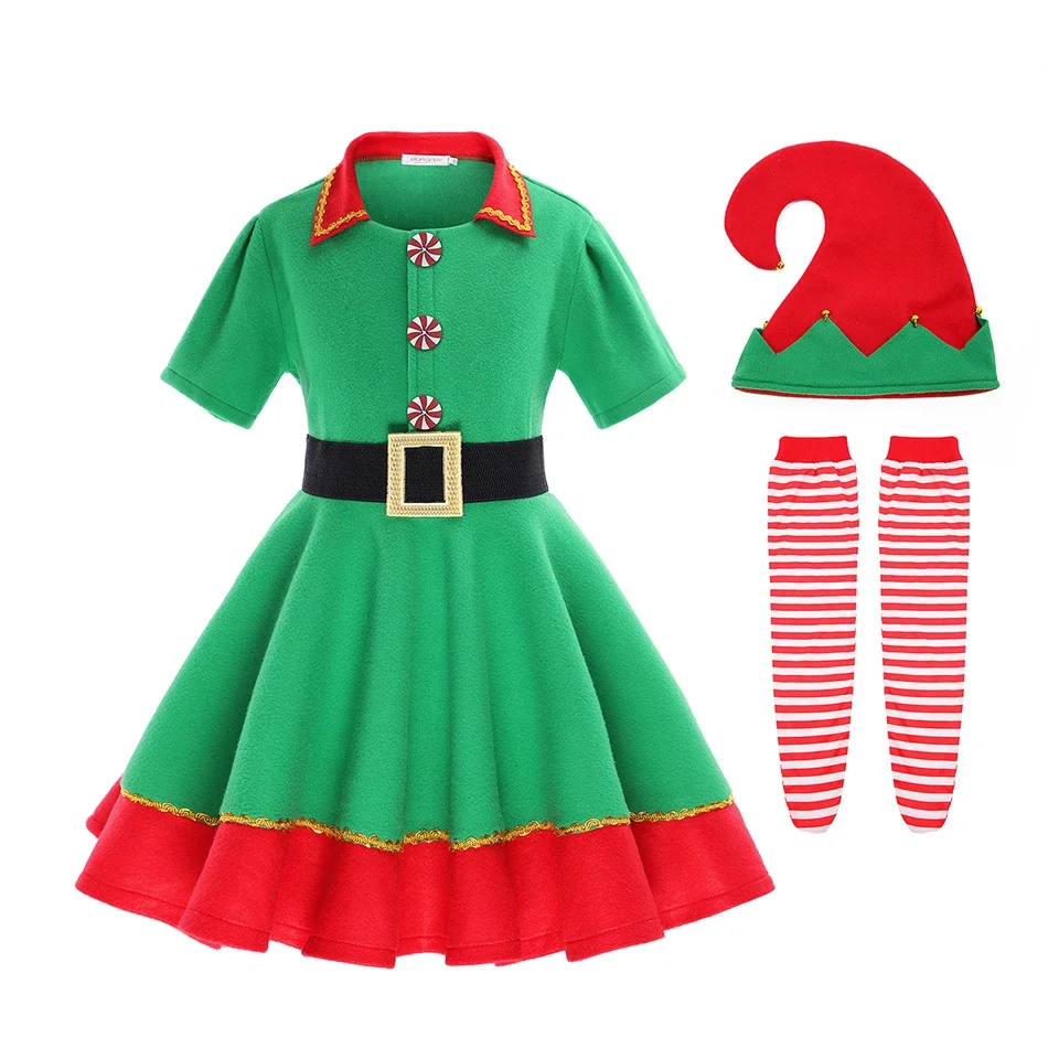 

Muababy Green Elf Girls Christmas Costume Festival Santa Clause Girls New Year Clothing Fancy Dress Xmas Party Dress