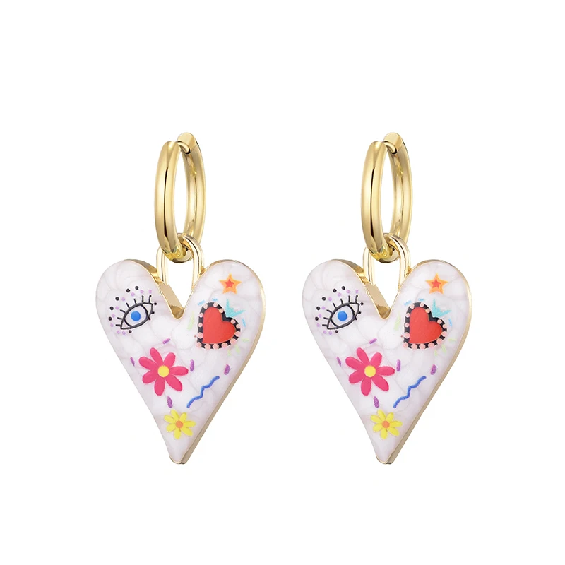 New Trendy Cute Heart Eye Stainless Steel Hoop Earrings For Women Colorful Vintage Enamel Gold Color Pendant Love Female Jewelry