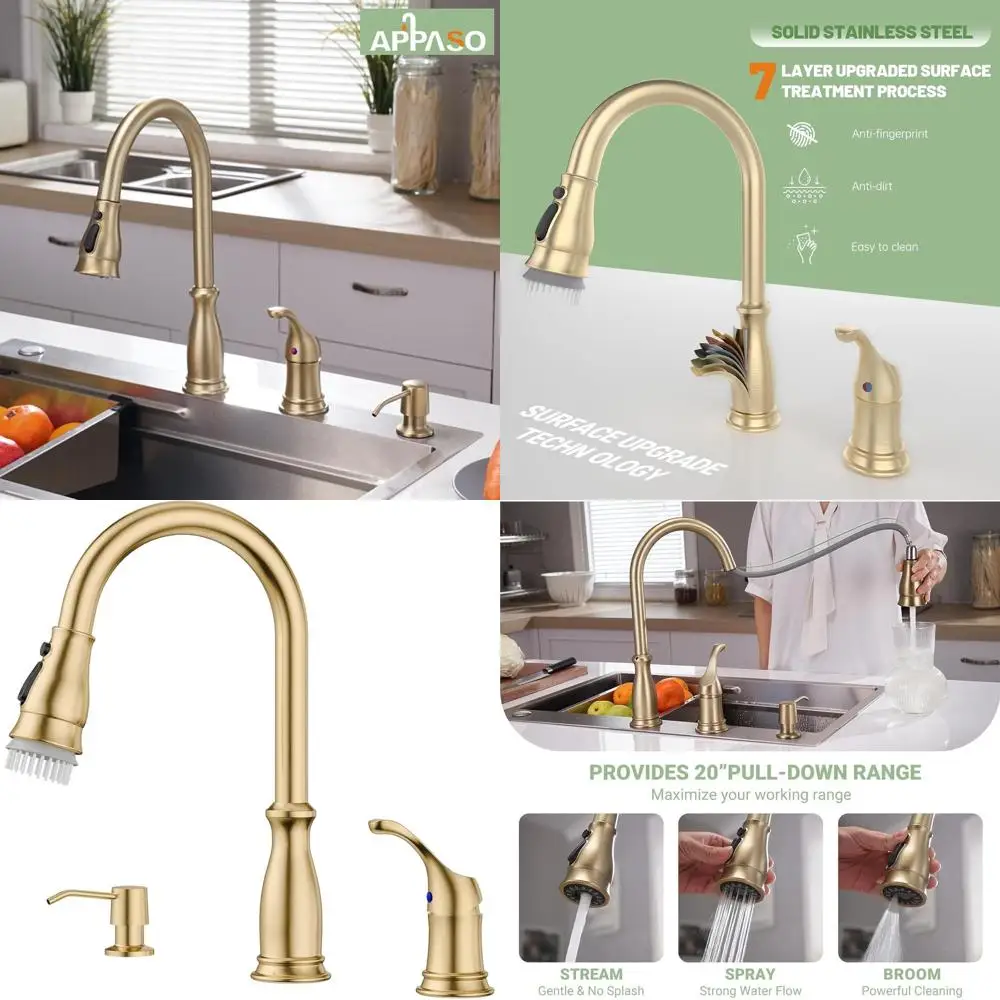 

High-Arc Pull-Down Spray Faucet with Soap Dispenser, Brushed Gold Finish, for 2-Hole & 3-Hole Sinks