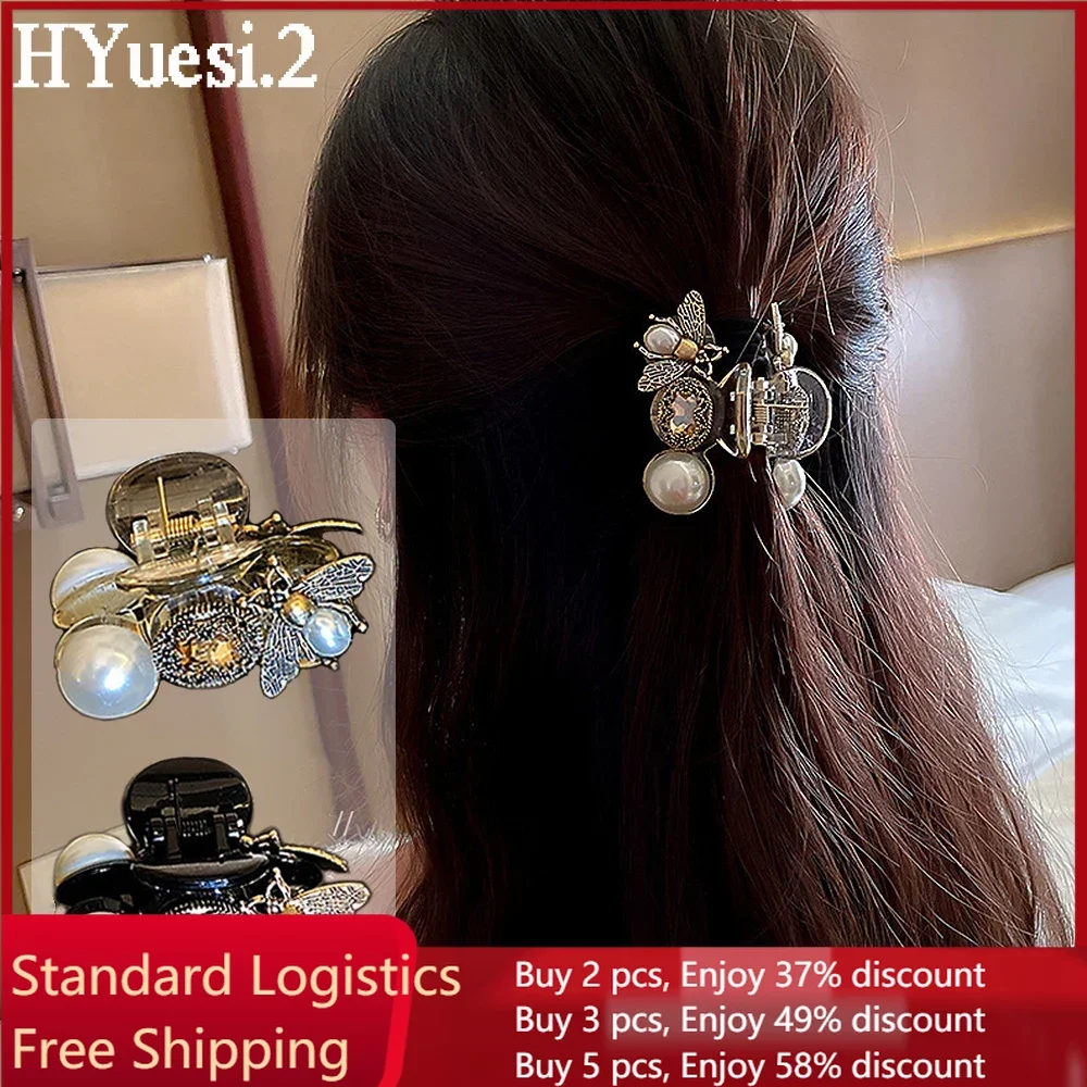 Retro Pearl Bee Hair Claws Non-Slip Small Size Luxury Rhinestone Honey Bee Insect Hair Grab Clips For Women Girl Ponytail Holder