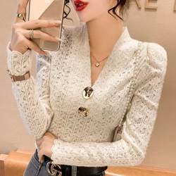 Spring Autumn Solid Color V-neck Long Sleeve Blouse Women High Street Hollow Lace Pullovers Elegant Slim Vintage All-match Tops