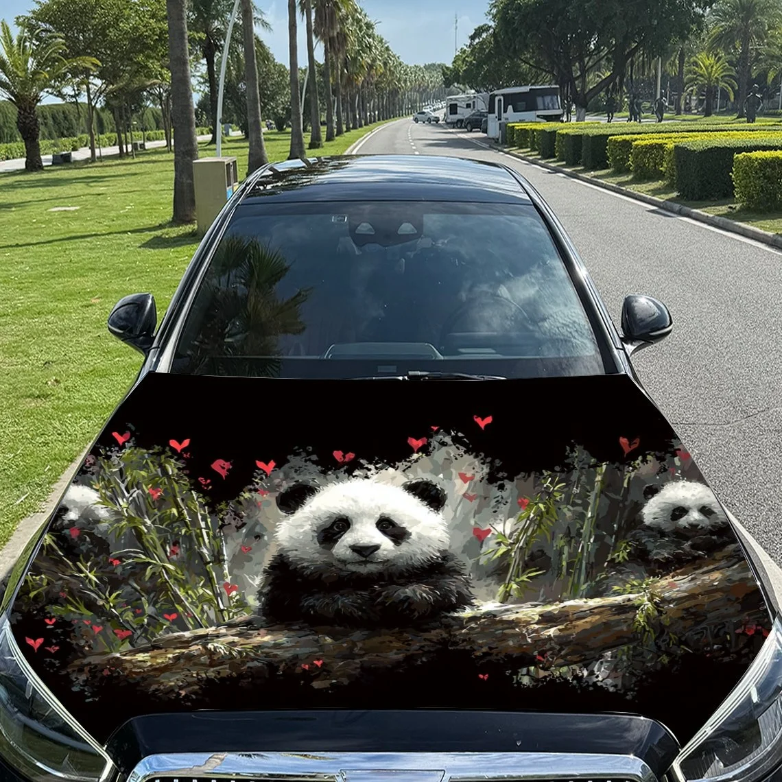Cute panda design with red hearts on car hood cover. Perfect for nature lovers and panda enthusiasts. Adds charm to your vehicle