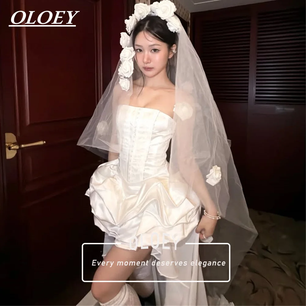 OLOEY Customized Unique Ivory Strapless Satin Mini Wedding Dress with Train Corset Bubble Korea Photo Shoot Bridal Gown