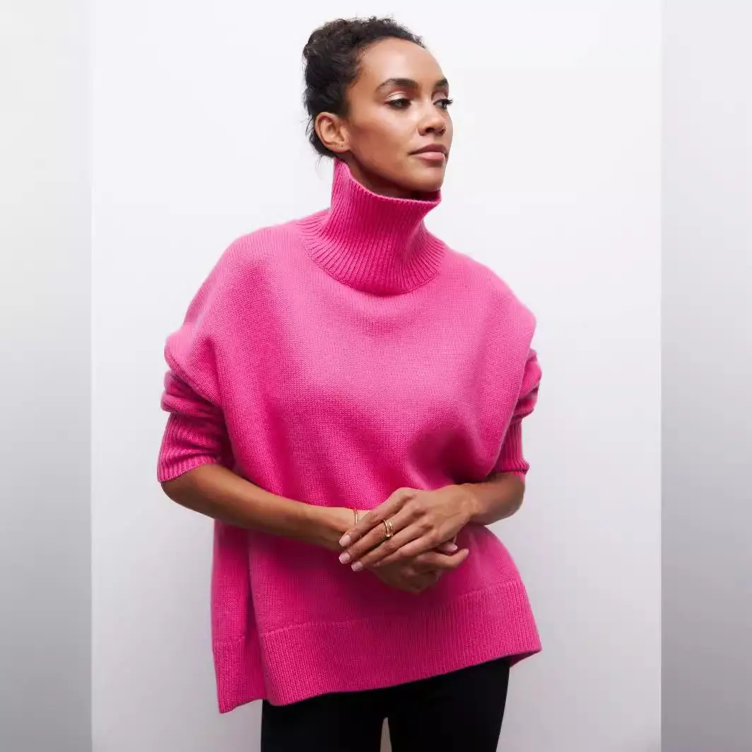 Suéter solto casual de gola alta outono inverno malhas fenas confortável manga crida crimento regular moda estilo d...