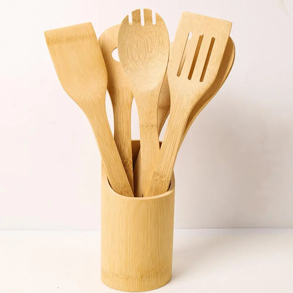 Utensils Set Spatula Bamboo Wooden Tube Non-stick Cooking Spatulas Long Handle Kitchen Frying Soup Spoon Cooking Utensils