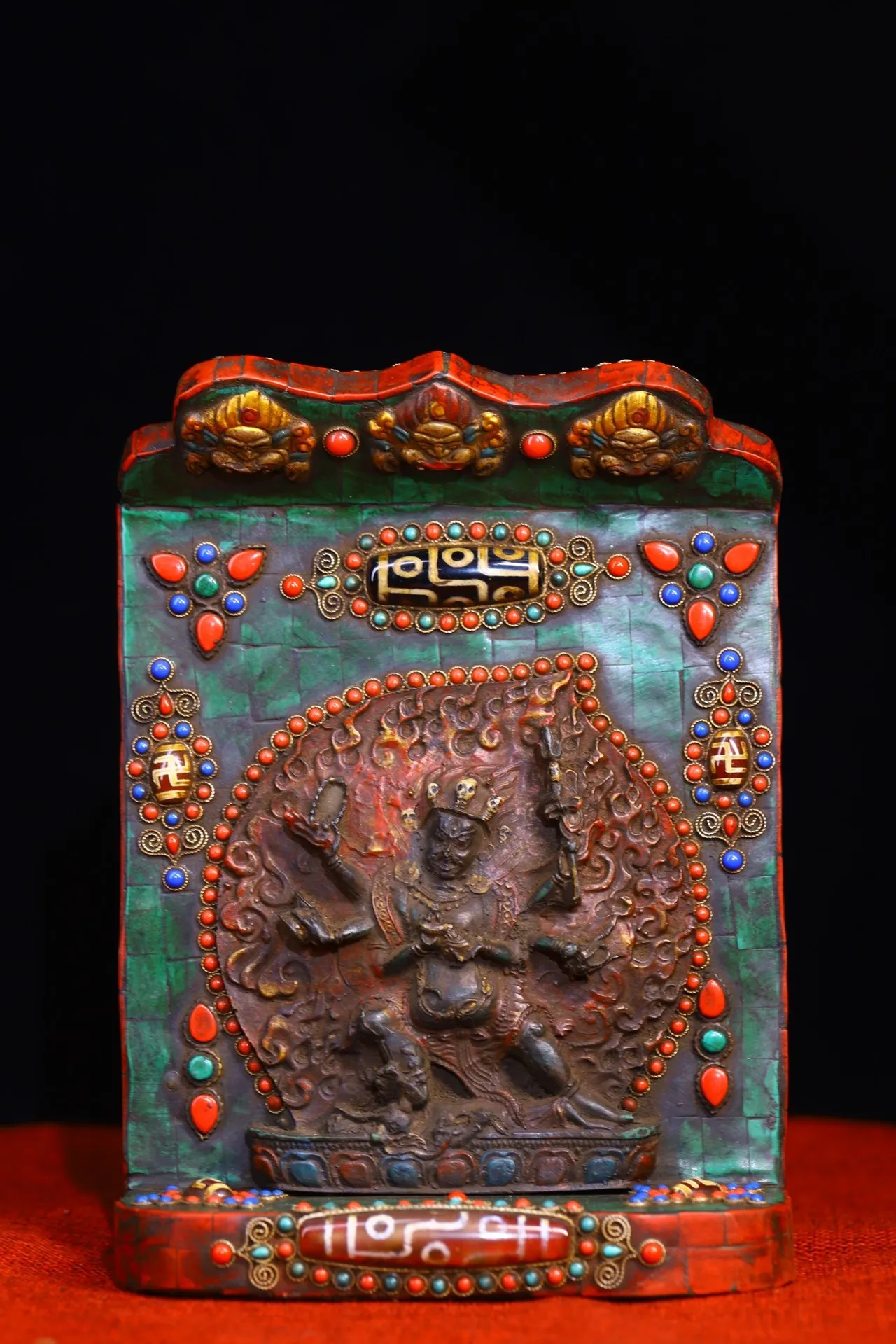 

9"Tibetan Temple Collection Old Bronze Mosaic Gem gZi Beads Turquoise Six arms Mahakala Buddha Buddhist Niche Town House