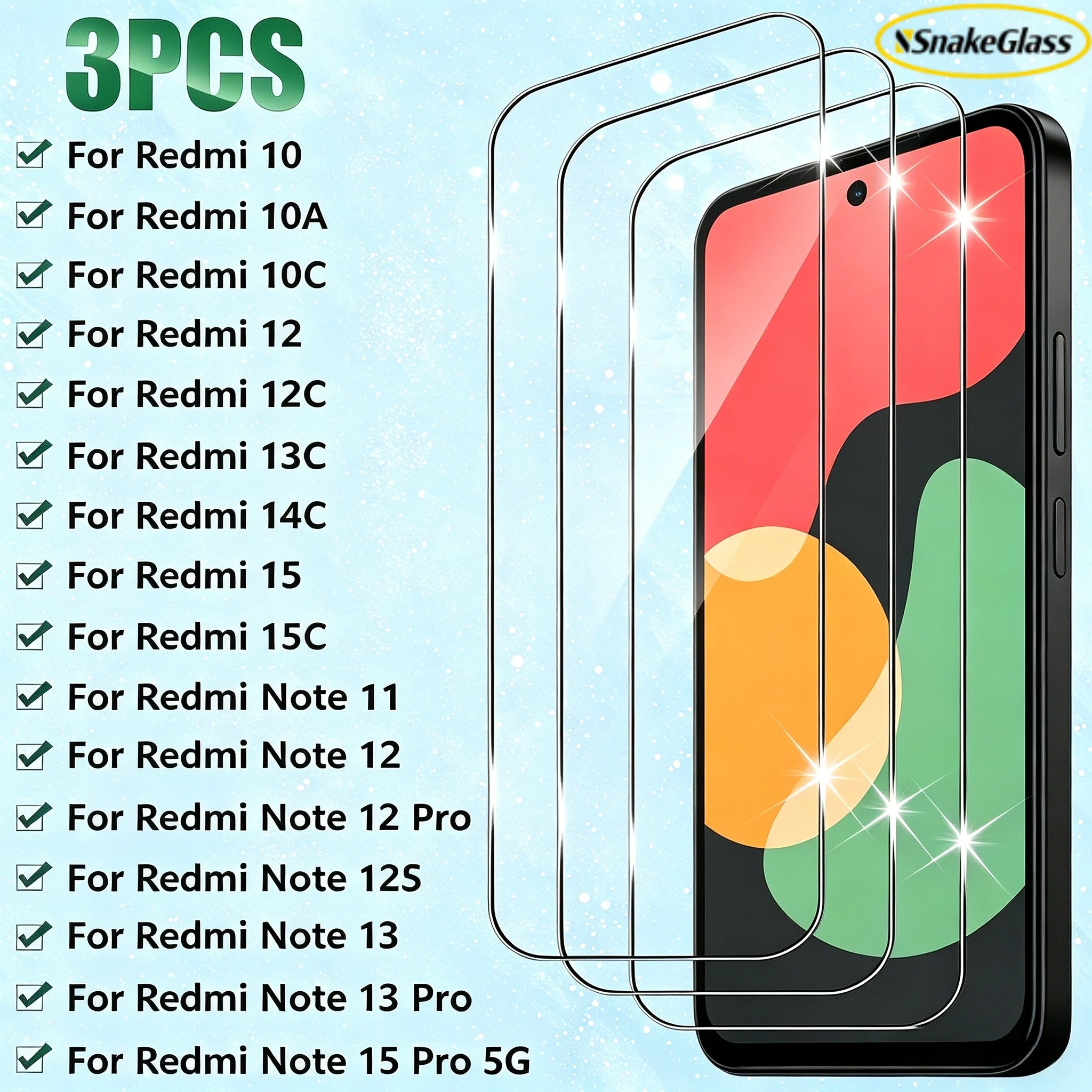 Film trempé HD pour Xiaomi Redmi Note 15Pro 14 13 12 11S 12S, protecteur d'écran pour Redmi 15 15C 14C 13C 12C 10C 10A, anti-rayures