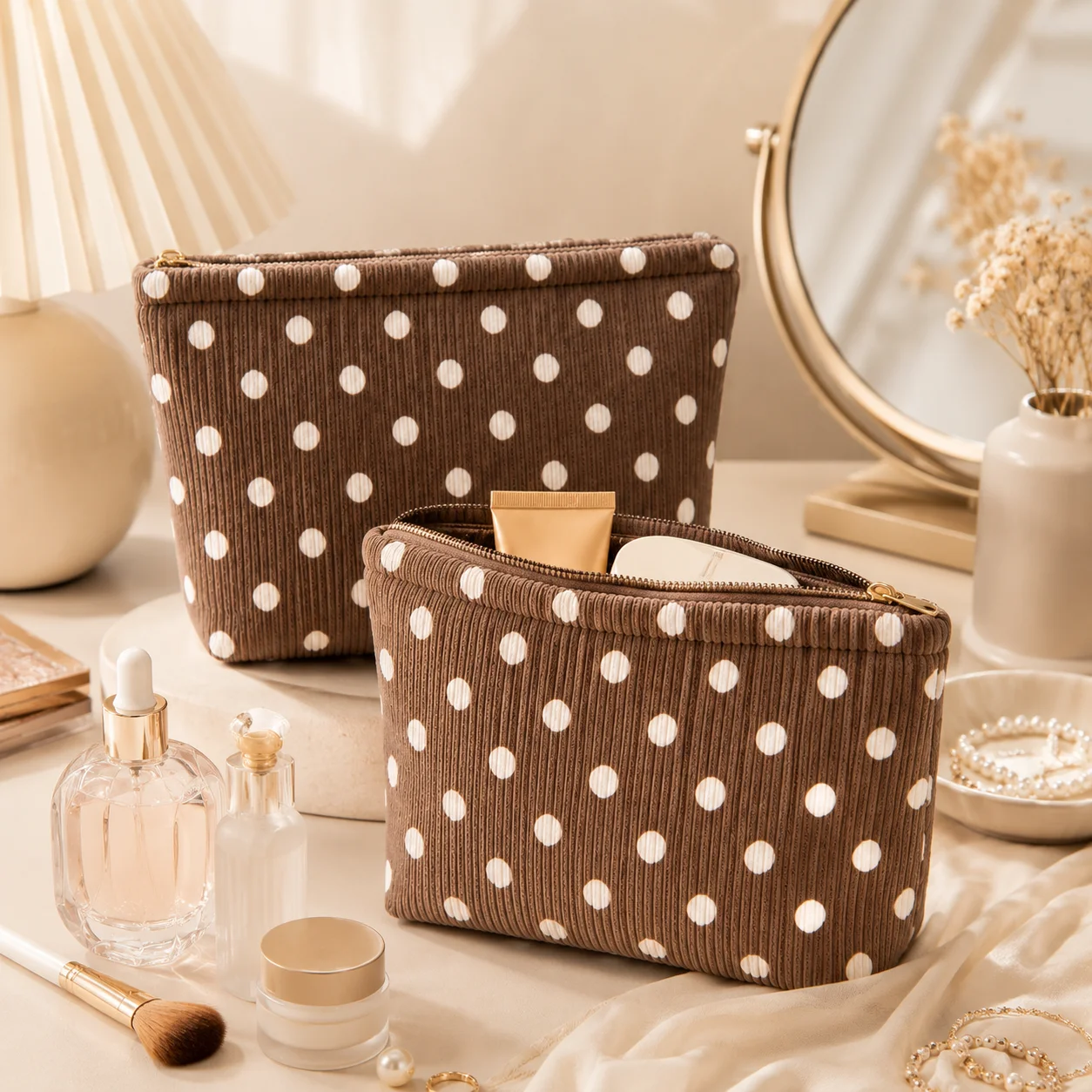 Corduroy Makeup Bag Cute Polka Dot Cosmetic Pouch Soft Zipper Beauty Organizer Travel Toiletry Bag Women Vanity Storage Case
