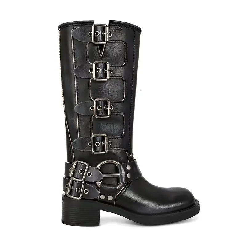 2026 winter new round head women\'s ankle boots leather buckle thick heel thick soled retro western mid-leg Knight ladies boots