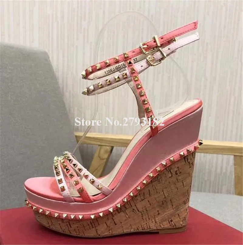 Rivets High Platform Wedge Sandals Sexy Women Open Toe Gold Studs Pink Beige Green Thin Straps Wedges Evening Club Heels