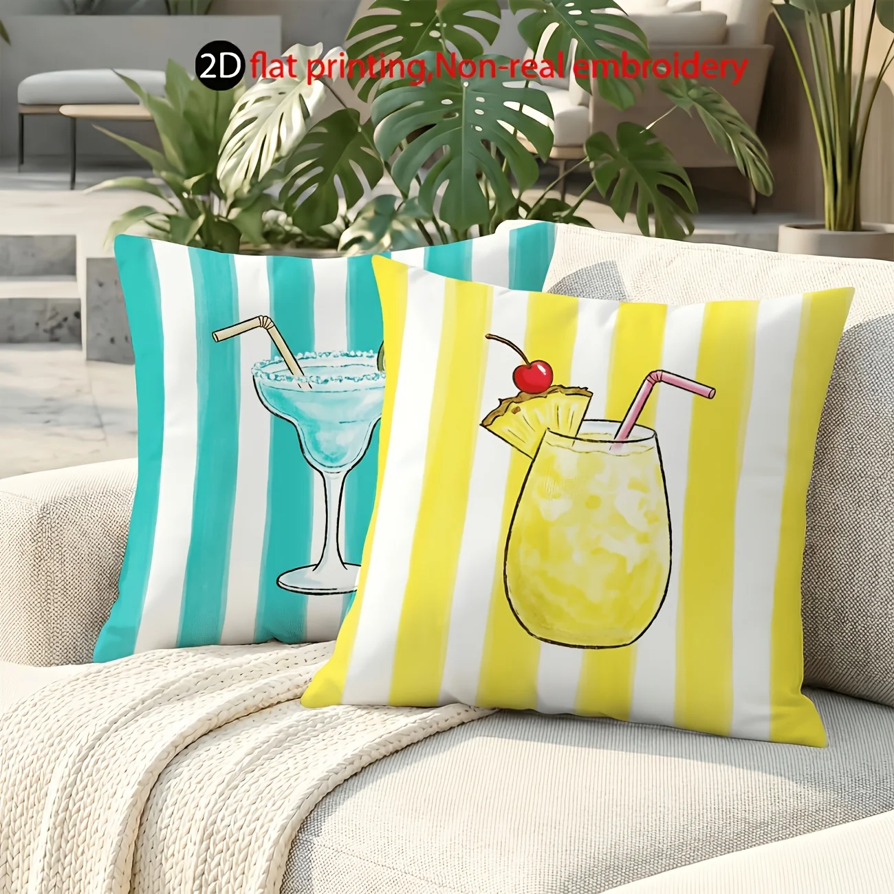 Set of 4 Summer Outdoor Pillow Covers 2D Color Striped Cocktail Print Double Sided Polyester Zipper Cushion Covers