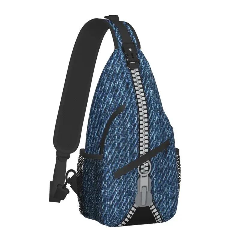 Casual Zippered Denim Art Sling Bag for Travel Hiking Men's Blue Jeans Texture Crossbody Chest Backpack Shoulder Daypack