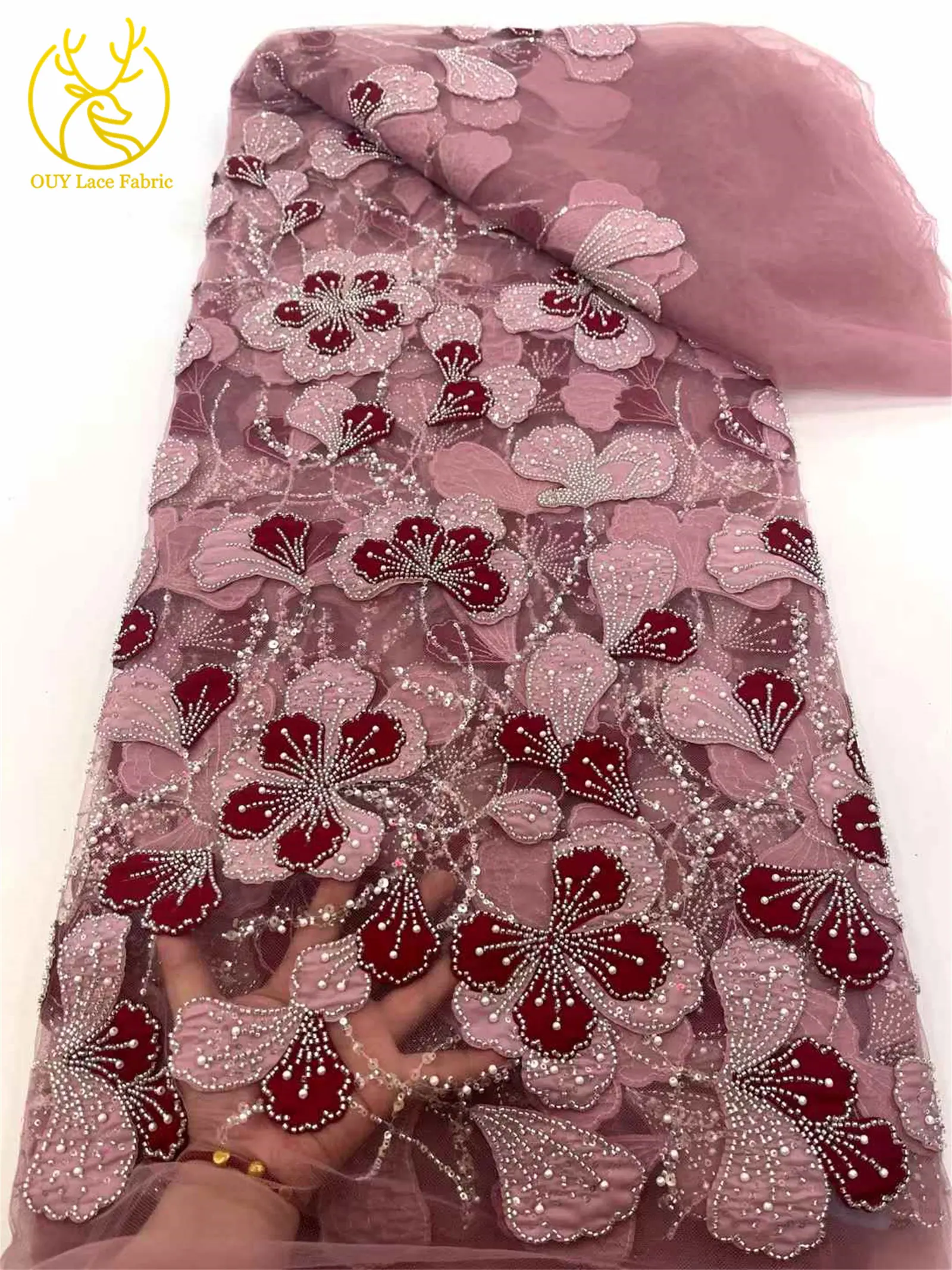 Beautiful African Beaded Sequin Lace Fabric Fashion French Nigerian Tulle Lace Fabric for Women Party Dresses Sewing 5 Yards