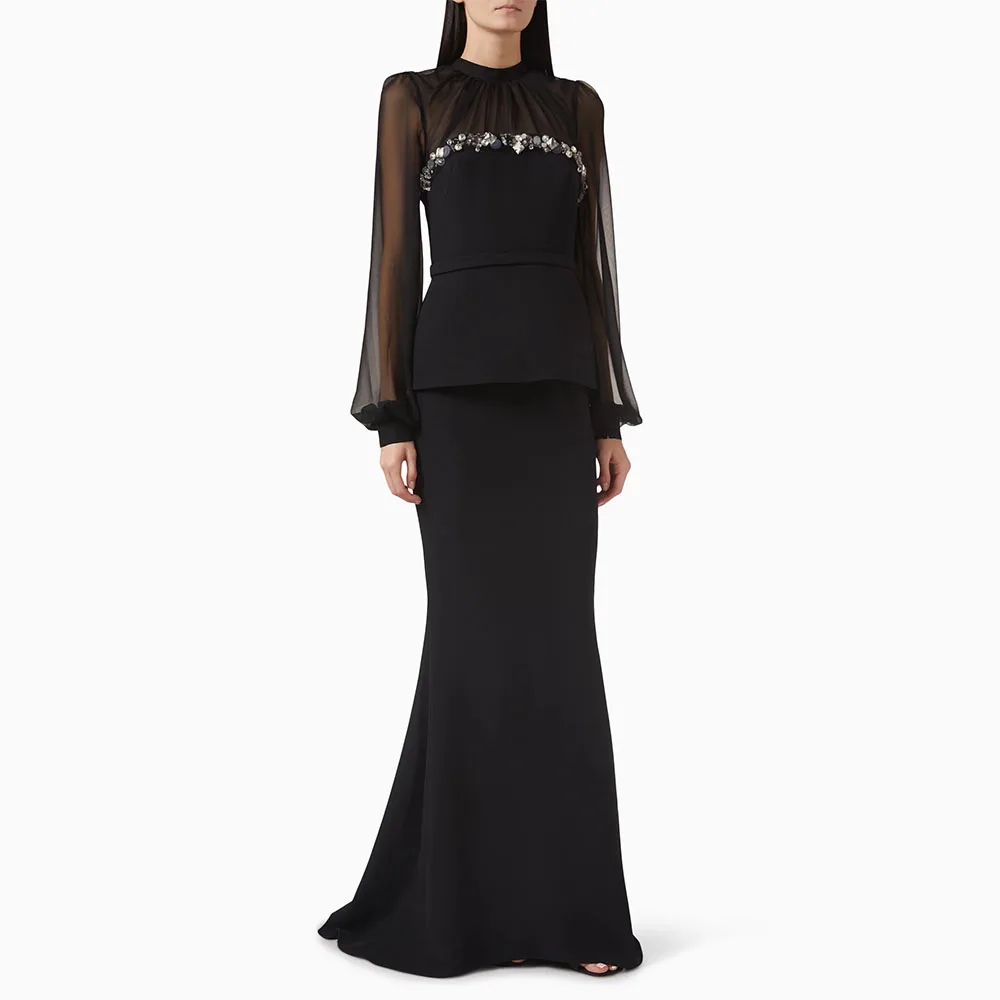 

Black Evening Dress O Neck Long Sleeves Floor Length Mermaid Prom Gown Fashion Sequins Pleat Jersey Party Dress Customized
