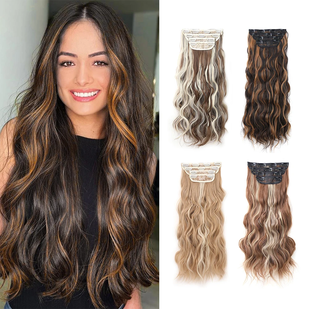 Extensões sintéticas do cabelo para mulheres, penteado da onda do corpo, perucas principais, grampos, extensões do cabelo para meninas, 4 PCs/set