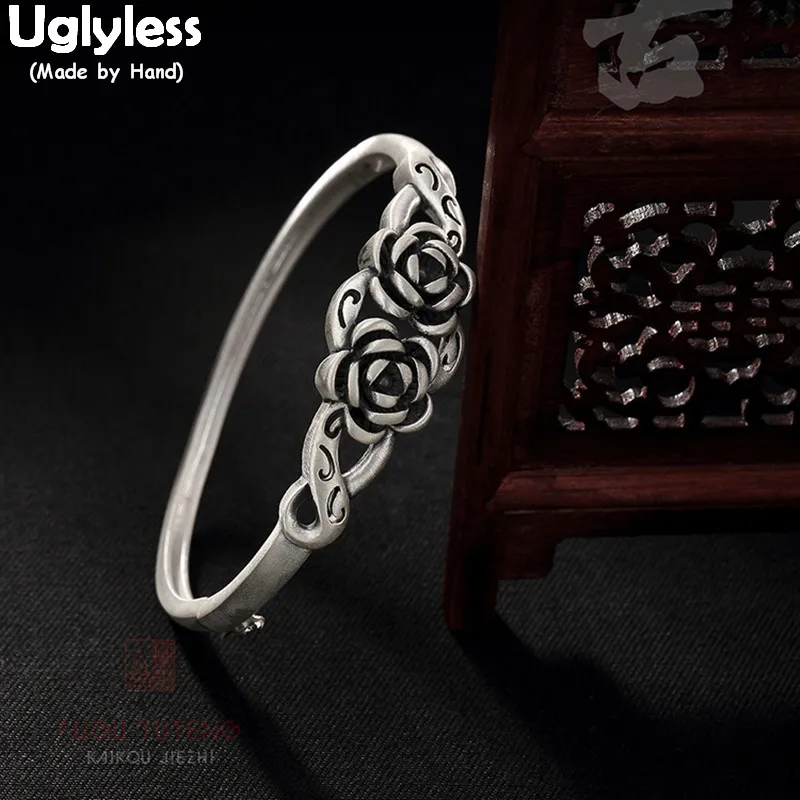 

Uglyless Real S 990 Silver Jewelry Vulcanized Thai Black Silver Women Vintage Bangles Romantic Rose Floral Bangle Hollow Bijoux