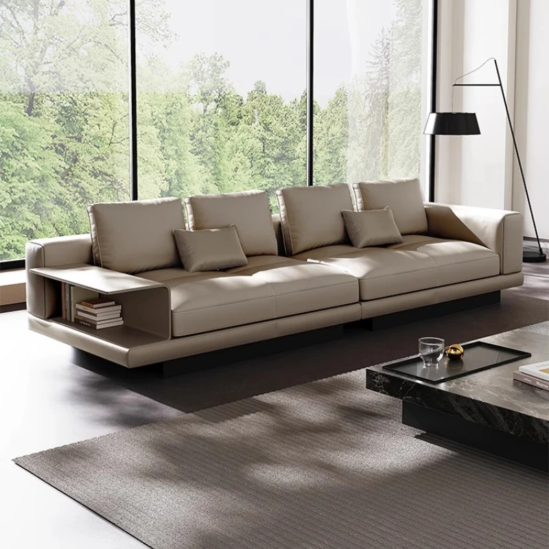 

Leather Sofa Villa Large Flat High-end Living Room Light Luxury Four-person Straight Row Suspended Sectional Cream Style Sofa
