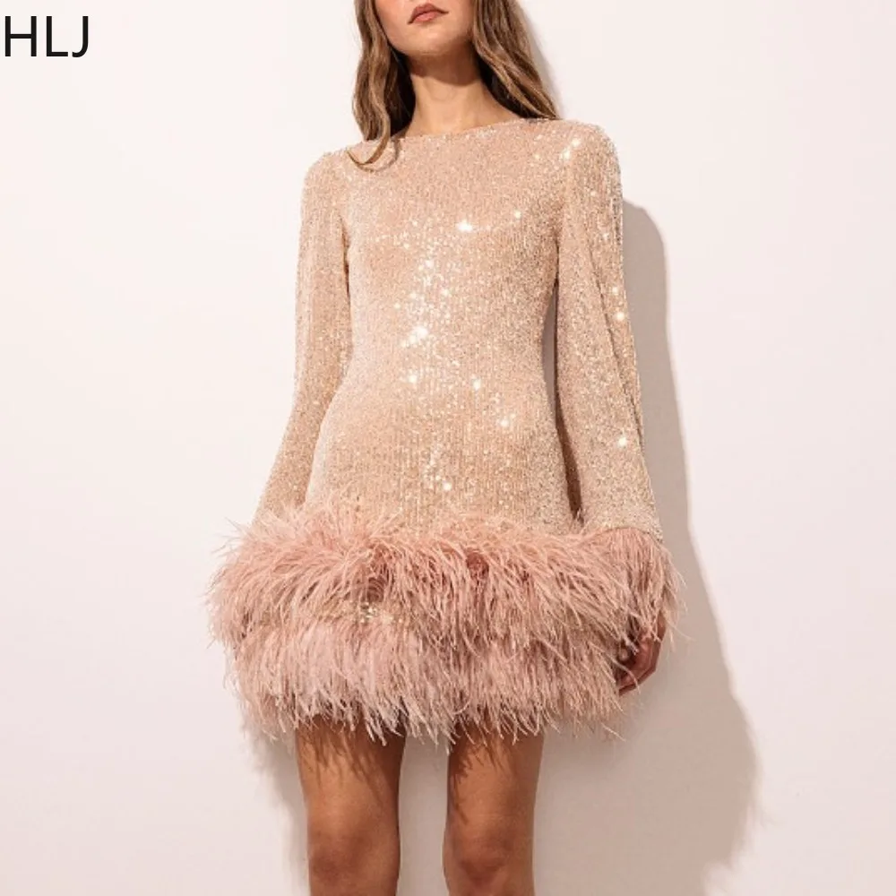 

HLJ Fashion Sequin Feather Splicing Backless Party Club Dresses Women Round Neck Long Sleeve Slim Vestidos Sexy Lady Clothing