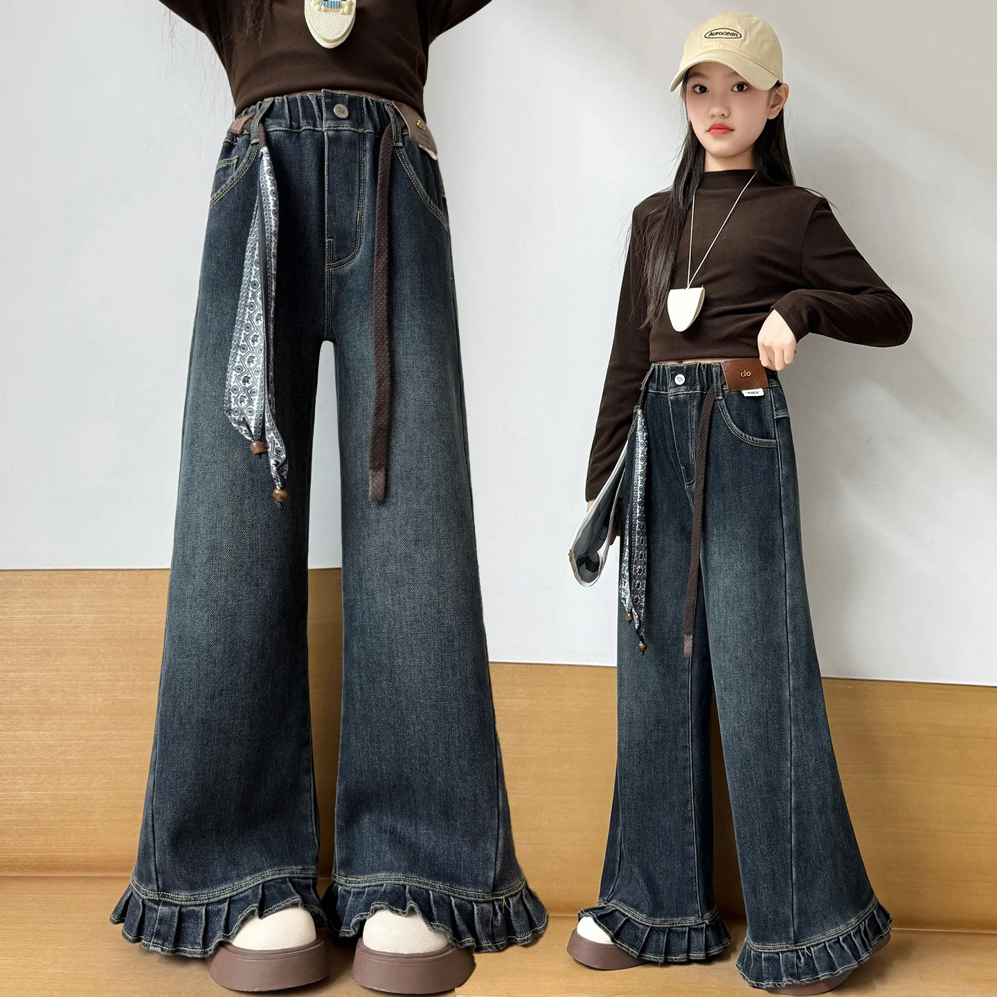 

High Waist Wide Leg Denim Jeans Girl's Fleece Lined Elastic Thick Straight Cut Insulated Trousers for Autumn Winter New Arrival